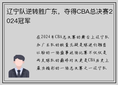 辽宁队逆转胜广东，夺得CBA总决赛2024冠军