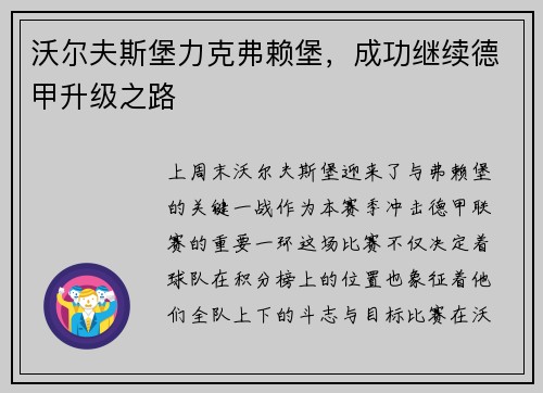 沃尔夫斯堡力克弗赖堡，成功继续德甲升级之路